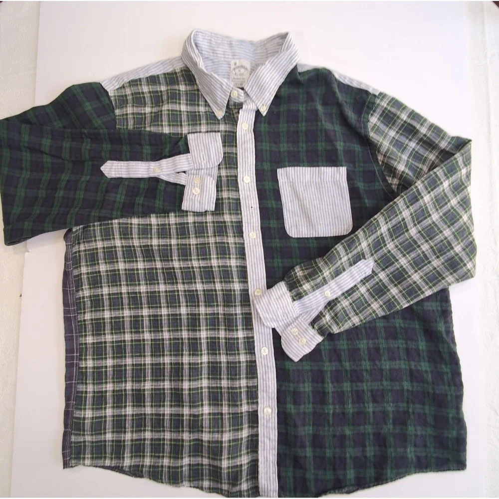 Brooks Brothers Fun Shirt Mens XL Baird McNutt Linen Patchwork Plaid Stripe